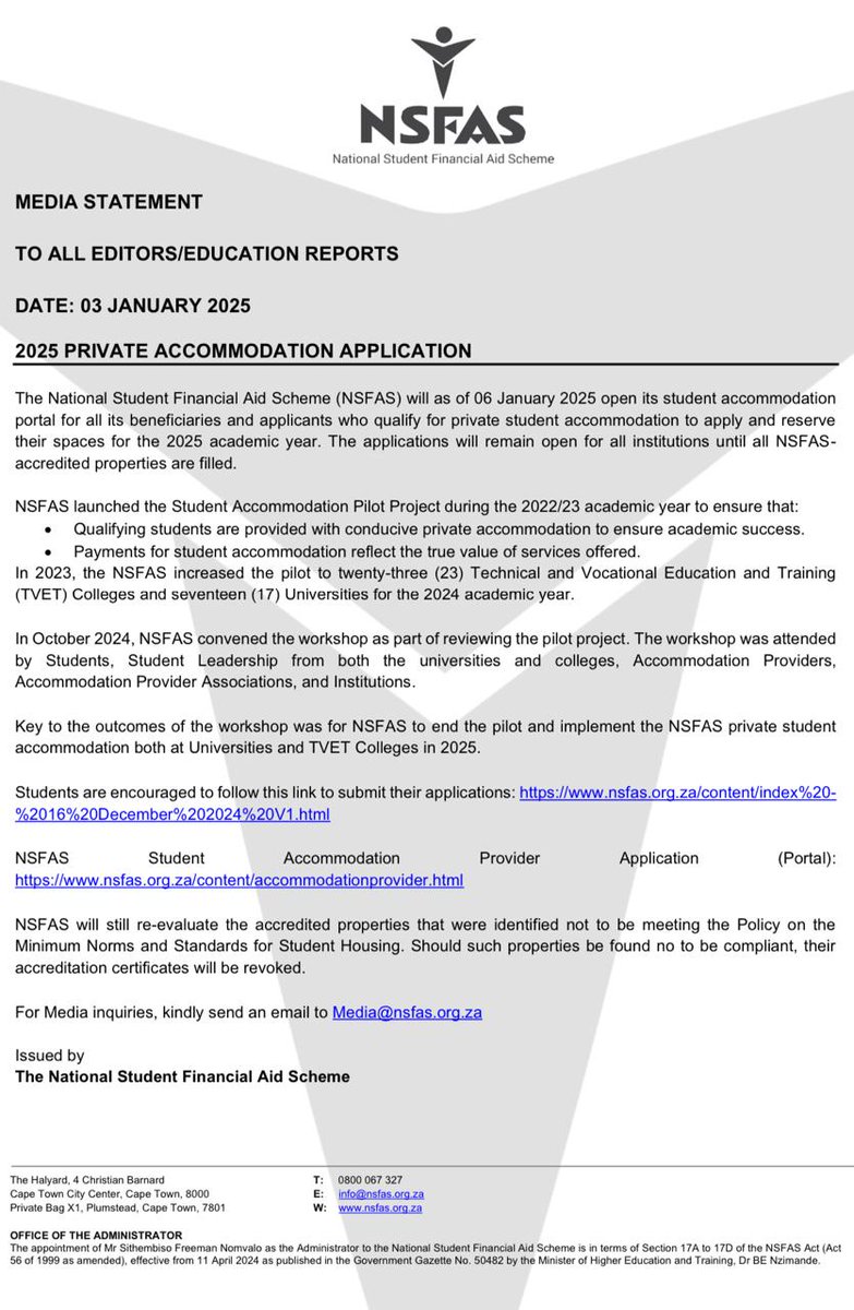 myNSFAS's tweet image. [MEDIA STATEMENT] 2025 PRIVATE ACCOMMODATION APPLICATION
