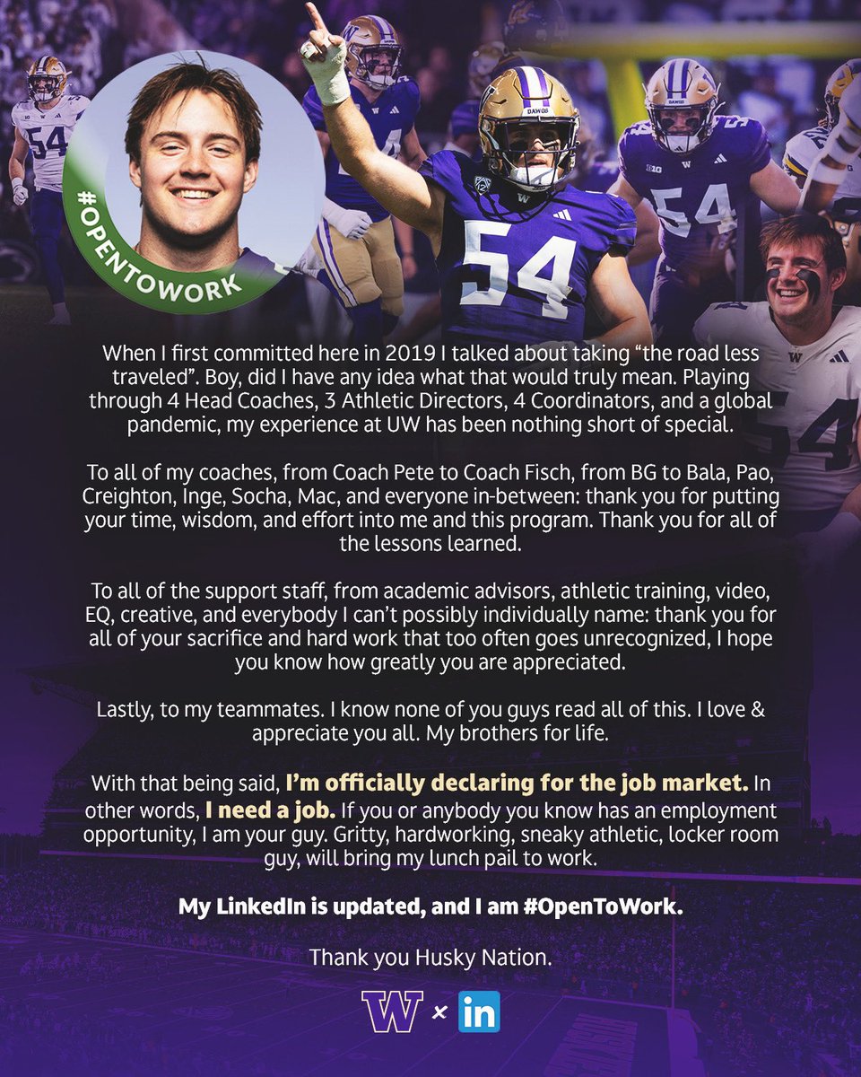 On3's tweet image. Washington LB Drew Fowler has declared for the job market💀

"My LinkedIn is updated, and I am #OpenToWork." 

on3.com/db/drew-fowler…