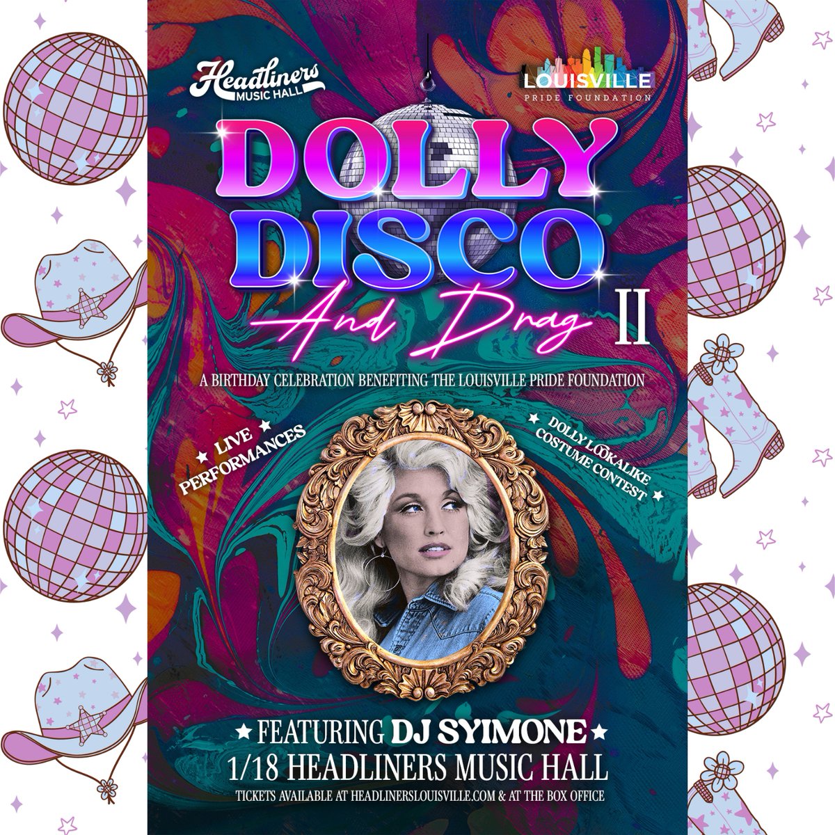 This January 18th at Headliners Music Hall, we're gonna "pour ourselves a cup of ambition" and dance the night away to DJ Syimone! 🤠 "The higher the hair, the closer to God"  so tease it to Jesus, y'all!  

Don't miss out on the Dolly look-alike contest and fabulous drag perf...