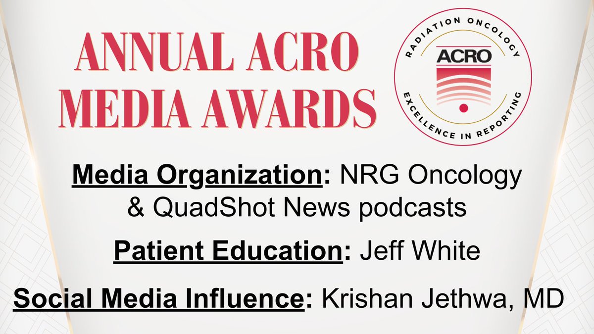 We're excited to announce the winners of the Annual ACRO Media Awards to be presented at #ACRO2025! Congrats to the <a href="/NRGonc/">NRG Oncology</a> &amp; <a href="/QuadShotNews/">QuadShot News</a> podcasts (media organization category), <a href="/PRJeffWhite/">Jeff White</a> (patient education category), &amp; <a href="/KrishanJethwa/">Krishan Jethwa</a> (social media influence category)!