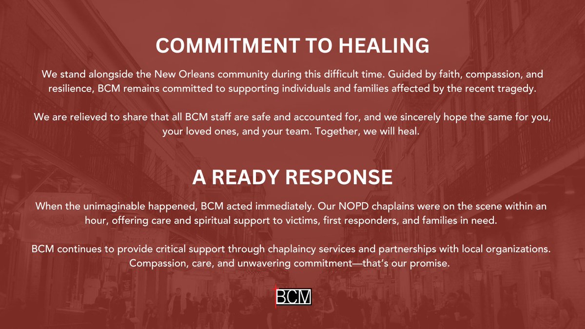 BCMNOLA's tweet image. Together, We Heal. 
BCM stands with the New Orleans community, offering support through faith, compassion, and resilience. Our commitment to healing is rooted in immediate action and long-term care. Together, we’ll rebuild and rise stronger.