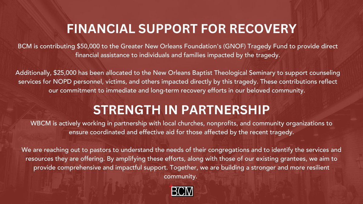 BCMNOLA's tweet image. Together, We Heal. 
BCM stands with the New Orleans community, offering support through faith, compassion, and resilience. Our commitment to healing is rooted in immediate action and long-term care. Together, we’ll rebuild and rise stronger.