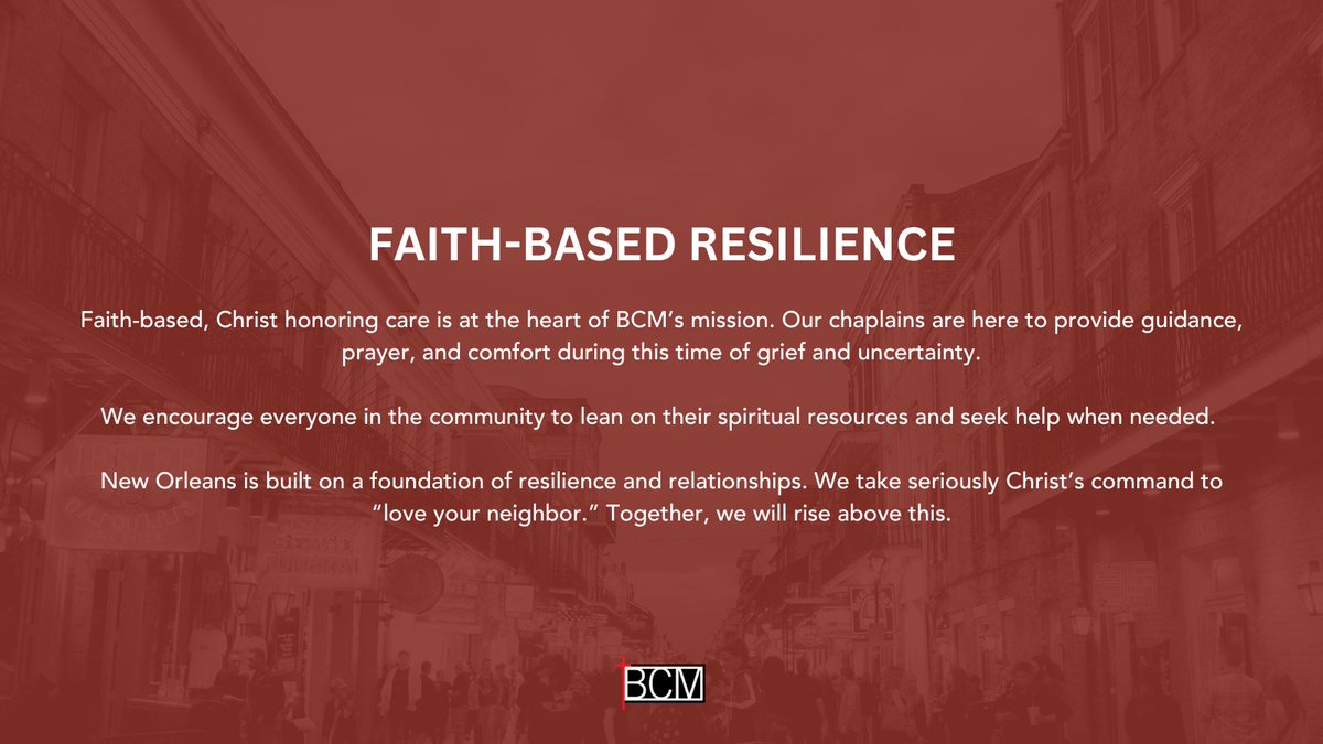 BCMNOLA's tweet image. Together, We Heal. 
BCM stands with the New Orleans community, offering support through faith, compassion, and resilience. Our commitment to healing is rooted in immediate action and long-term care. Together, we’ll rebuild and rise stronger.