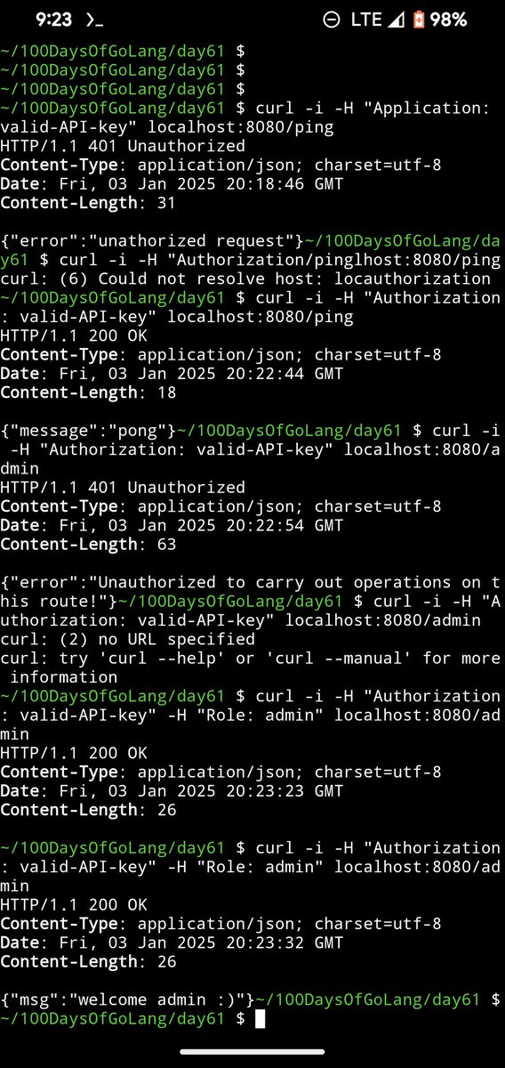 LawsonRedeye's tweet image. Day 61 of #100DaysOfGolang
🔒 Explored middleware in APIs with Gin.
✅ Implemented authentication and RBAC for secure endpoints.
🚀 Enhanced features like JWT security and rate-limiting.
#Golang #WebDevelopment #100DaysOfCode