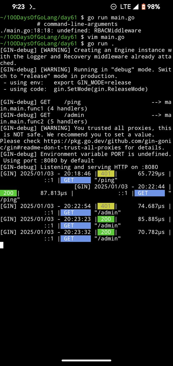 LawsonRedeye's tweet image. Day 61 of #100DaysOfGolang
🔒 Explored middleware in APIs with Gin.
✅ Implemented authentication and RBAC for secure endpoints.
🚀 Enhanced features like JWT security and rate-limiting.
#Golang #WebDevelopment #100DaysOfCode