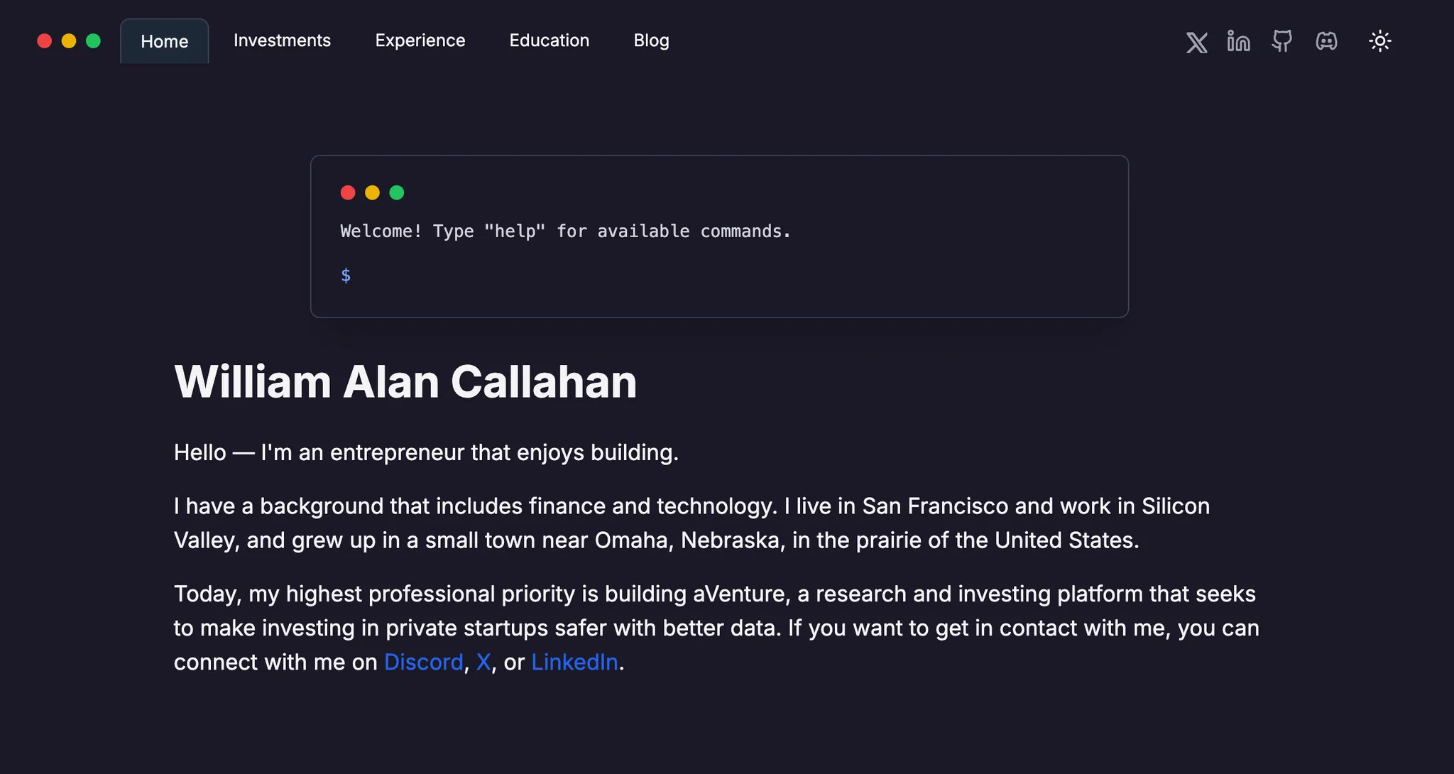 Personal website for William Callahan (williamcallahan.com), a tech entrepreneur in San Francisco. Contains a ledger of all private investments in startups ever made, professional background, blog, and more.