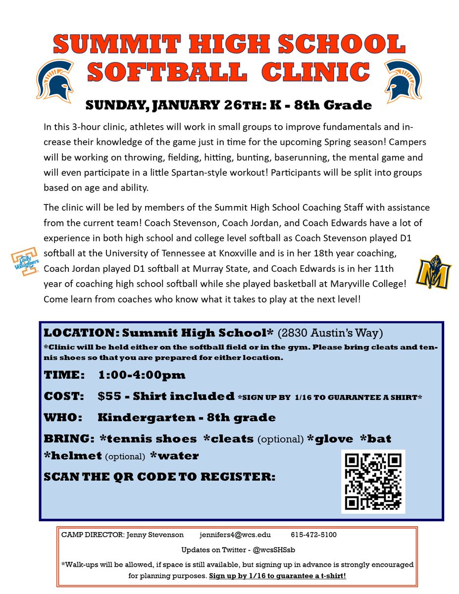 ****Our next SOFTBALL CLINIC is scheduled for Sunday, January 26th!***** We look forward to working with you all again! Sign up by January 16th to guarantee a t-shirt! <a href="/wcsSHSAthletics/">Summit Spartans Athletics (TN)</a> <a href="/wcsSHSspartanCH/">SHS Spartan Clubhouse</a>