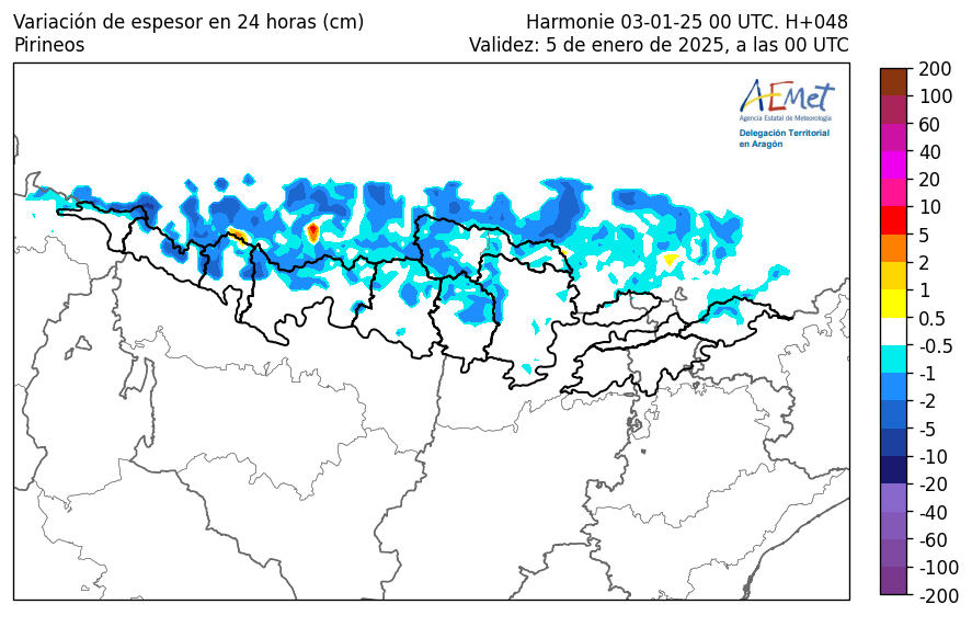 AEMET_Aragon's tweet photo. PCP prevista por Harmonie #finde en 24 h SAB 4 y DOM 5 (en #Pirineos en contorno negro #nieve), sábado en forma líquida en su mayoría ya que⬆️T 🌡️ y #cotadenieve 2400 m, pero el domingo⬇️a 1800 m y aumentan los espesores de❄️ https://t.co/qyGg0hXPnF
@eltiempo_atv @AragonMeteo https://t.co/7XJ2MDmt99