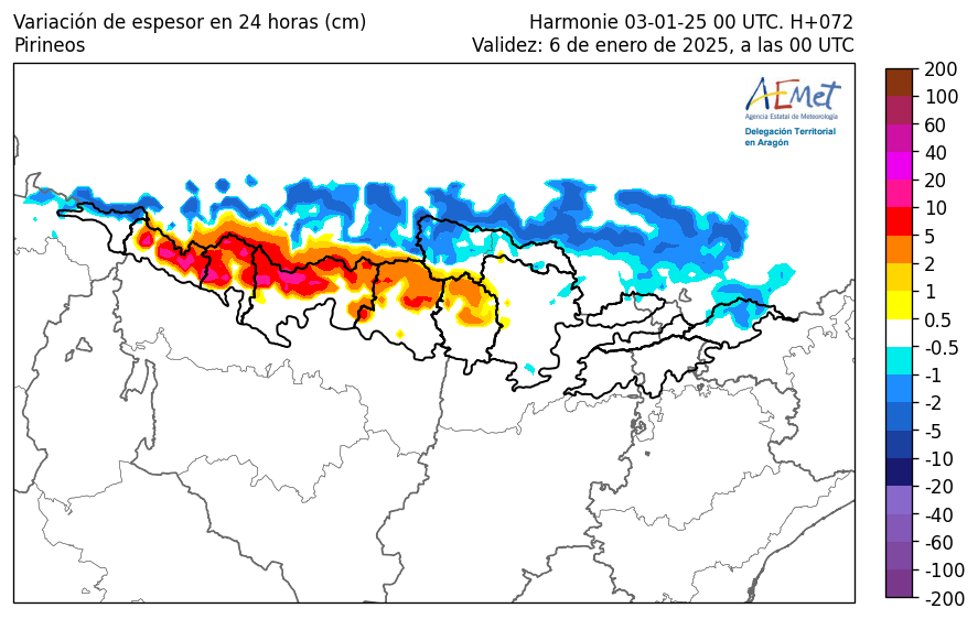 AEMET_Aragon's tweet photo. PCP prevista por Harmonie #finde en 24 h SAB 4 y DOM 5 (en #Pirineos en contorno negro #nieve), sábado en forma líquida en su mayoría ya que⬆️T 🌡️ y #cotadenieve 2400 m, pero el domingo⬇️a 1800 m y aumentan los espesores de❄️ https://t.co/qyGg0hXPnF
@eltiempo_atv @AragonMeteo https://t.co/7XJ2MDmt99