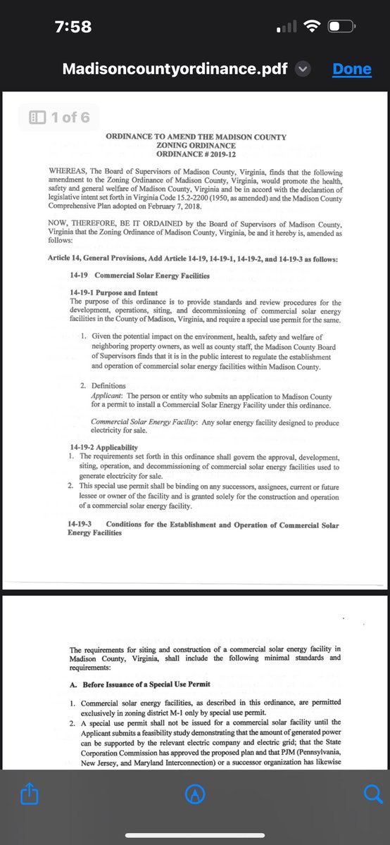 For anyone looking to stop solar array developments in their County, please look into the zoning ordinance from Madison County, VA.
Key takeaways:
-Exorbitant bond requirements. 
-Detailed remediation plan for toxic chemical spills. 
Make it so the developers’ cost benefit