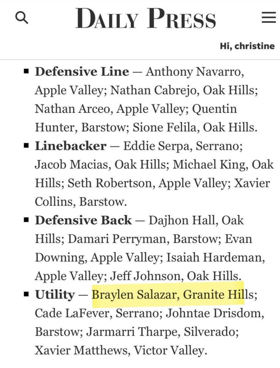 Will Jefferson (@coachwillghhs) on Twitter photo 2024 Daily Press All Area Football Team Granite Hills Players!
<a href="/Abu__fofanah/">3⭐️Abu Fofanah🇸🇱</a> - OL
<a href="/BraylenSalazar/">Braylen Salazar</a> - Utility
<a href="/SayaniLong/">SayaniLong</a> - RB
<a href="/ghighfootball_/">Granite Hills Football</a> 2024 Daily Press All Area Football Team Granite Hills Players!
<a href="/Abu__fofanah/">3⭐️Abu Fofanah🇸🇱</a> - OL
<a href="/BraylenSalazar/">Braylen Salazar</a> - Utility
<a href="/SayaniLong/">SayaniLong</a> - RB
<a href="/ghighfootball_/">Granite Hills Football</a>