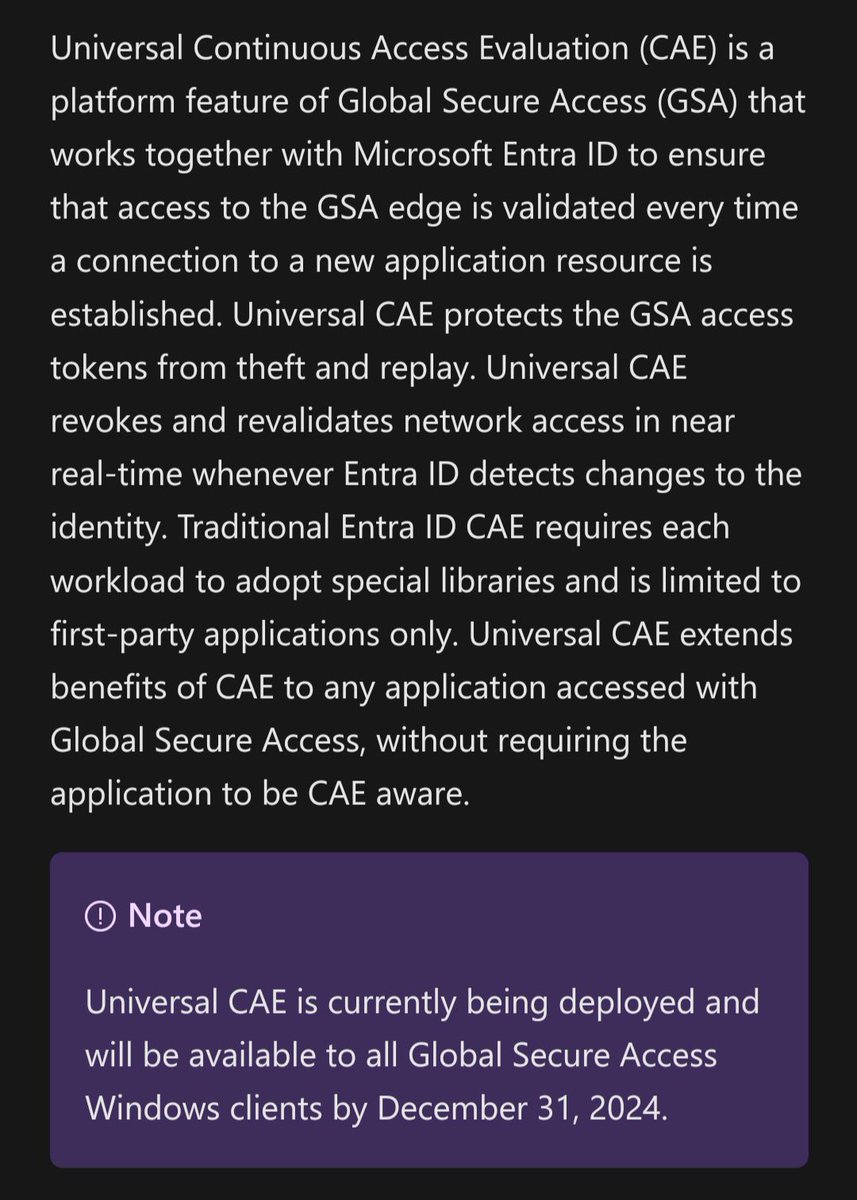 Start 2025 with Universal Continuous Access Evaluation (CAE). Only available through Global Secure Access (GSA)

#Entra #GSA #CAE

learn.microsoft.com/en-us/entra/gl…