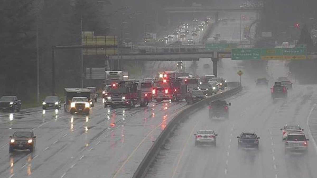 DriveBC's tweet image. ⚠️#BCHwy1 Eastbound vehicle incident after Westview Dr has all traffic detouring around by using the off-ramp lanes. #NorthVan #UpperLevels