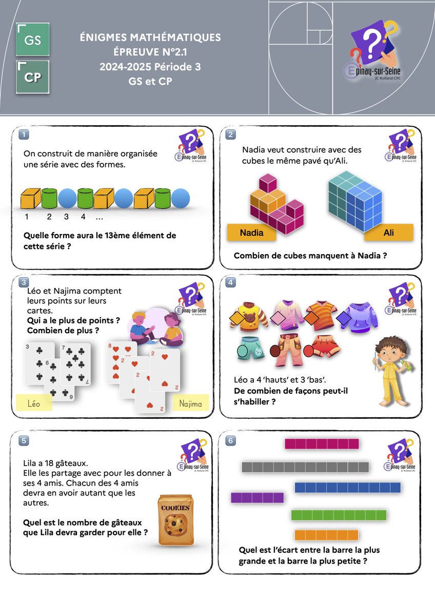 Les énigmes mathématiques 2024-2025 sont publiées chaque semaine ...
À chaque période,  une épreuve d’entraînement est proposée
Pour les GS et CP
ien-epinay.circo.ac-creteil.fr/spip.php?page=…