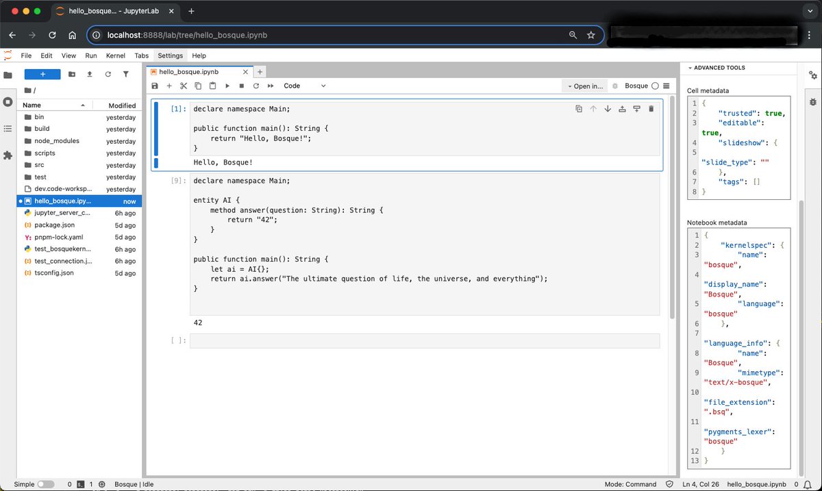 brakmic's tweet image. 🚀 Excited to share that my @BosqueLanguage Kernel for #JupyterLab can now compile and execute code! 🎉 
Next up: syntax colorization... because apparently, I have no clue how to make code colorful in Jupyter yet. 😂
Stay tuned for the colorful chaos! #BosqueLanguage