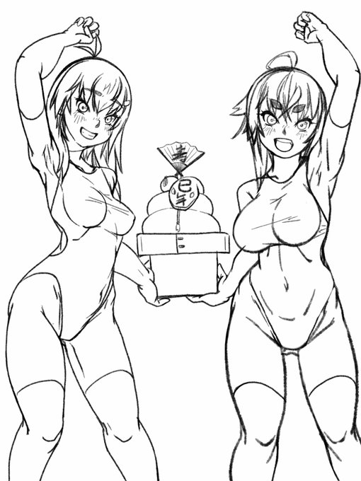 取り急ぎ新年描き初めラフ。仕事いてきまー。#九嶺蓮歌 #狩賀智花 