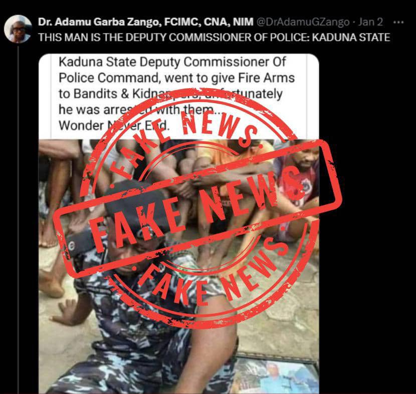 PoliceNG's tweet photo. PRESS RELEASE

NPF ADDRESSES FALSE CLAIMS ON SOCIAL MEDIA.

Condemns False Information, Urges Fact Check.

The Nigeria Police Force hereby addresses and clarifies a false and misleading claim circulating on X (formerly Twitter), made by one Adamu Garba Zango, a lecturer at Baze University. Mr. Zango, while recirculating a picture which has been in the internet archives since 2019, alleged that it was that of a Deputy Commissioner of Police serving at the Kaduna State Police Command who was arrested for supplying firearms to bandits and kidnappers. He further shared the said image to support this baseless claim.

It is pertinent to state that the individual depicted in the shared photograph is not a serving member of the Nigeria Police Force. Investigations have revealed that the man in the image is one Kingsley Udoyen, a civilian who was arrested by the Akwa Ibom State Police Command on January 2nd, 2019 for impersonating an Assistant Commissioner of Police. At the time of his arrest, Udoyen was found to have been using a fake police rank to defraud and intimidate unsuspecting members of the public. Items recovered from his residence included an English pistol without ammunition and portraits of various police ranks.

It is also important to point out that there is no connection between the Kaduna State Police Command and the false allegations propagated by Mr. Zango. The Nigeria Police Force condemns the spread of false information, which not only tarnishes the image of the Force but also undermines public trust and safety.

Members of the public are urged to verify information from credible sources before sharing. The Nigeria Police Force remains committed to transparency, accountability, and the pursuit of justice. Spreading unverified claims is a violation of laws concerning defamation and cybercrime, and the Police may pursue appropriate legal action against individuals or entities involved in disseminating such falsehoods. For accurate information and updates, the public is encouraged to follow the official channels of the Nigeria Police Force on the following social media platforms:
X (formerly Twitter):@PoliceNG
Instagram:@nigeriapoliceforce
Facebook:@ngpolice
Youtube:@PoliceNG
Tiktok:@ngpolice

ACP OLUMUYIWA ADEJOBI, mnipr, mipra, fCAI, 
FORCE PUBLIC RELATIONS OFFICER, 
FORCE HEADQUARTERS, 
ABUJA

3RD JANUARY 2025