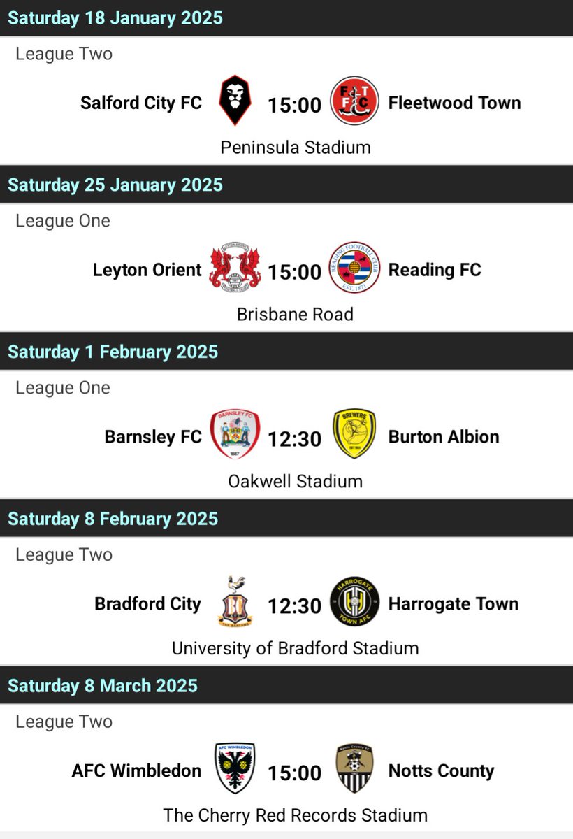 92FCChallenge (@92fcchallenge) on Twitter photo The final games of the challenge are now booked in.
Looking forward to visiting all 5 of the remaining gro
Can <a href="/SalfordCityFC/">Salford City FC</a> <a href="/leytonorientfc/">Leyton Orient FC</a> <a href="/BarnsleyFC/">Barnsley FC</a> <a href="/officialbantams/">Bradford City AFC</a> <a href="/AFCWimbledon/">AFC Wimbledon</a> please help to make these special visits. The final games of the challenge are now booked in.
Looking forward to visiting all 5 of the remaining gro
Can <a href="/SalfordCityFC/">Salford City FC</a> <a href="/leytonorientfc/">Leyton Orient FC</a> <a href="/BarnsleyFC/">Barnsley FC</a> <a href="/officialbantams/">Bradford City AFC</a> <a href="/AFCWimbledon/">AFC Wimbledon</a> please help to make these special visits.