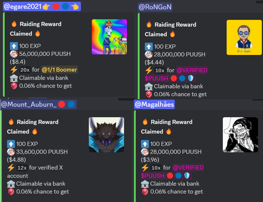 some of our latest jackpot winners from <a href="/flipguardxyz/">Flipsuite | Check bio</a> discord raiding system!

an amazing tool for projects and communities to help grow their project and offer a few services at your fingertips

highly recommend! graduates from puush.fun also received a token