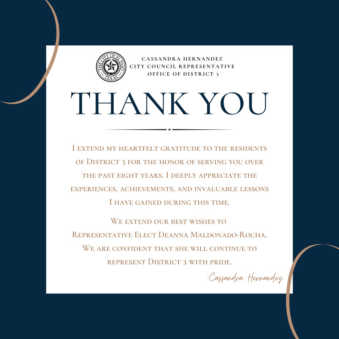 I extend my heartfelt gratitude to the residents of District 3 for the honor of serving you over the past eight years.

We extend our best wishes to Representative-Elect Deanna Maldonado-Rocha. We are confident that she will continue to represent District 3 with pride.