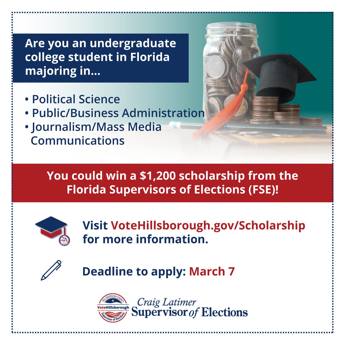 Are you a Florida undergrad? 🎓 The 2025 Florida Supervisors of Elections #Scholarship is open for applications. The deadline to apply for this opportunity is March 7th. Visit VoteHillsborough.gov/Scholarship for more information and requirements.