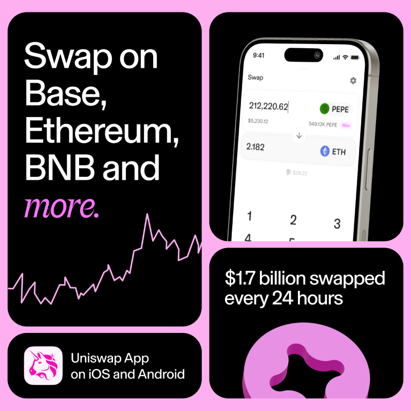 Uniswap's tweet photo. Swap crypto on the largest onchain marketplace with $1.7 billion in daily swap volume. Discover tokens on 12 chains on the Uniswap Web app.