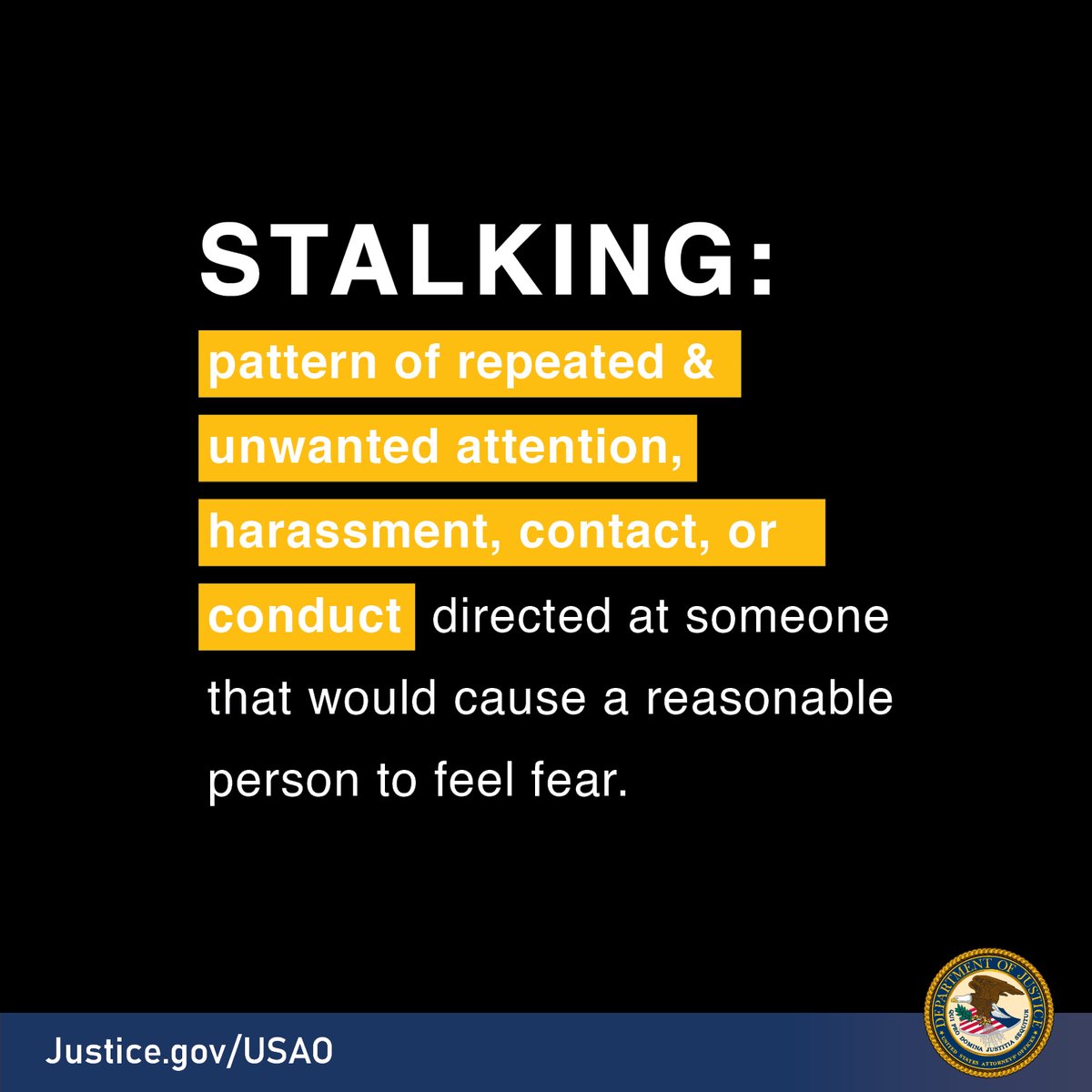 USAttorneys's tweet image. Stalking, at its core, is an abuse of power. About 1 in 3 women &amp;amp; 1 in 6 men have been stalked at some point in their lives.
It&apos;s important for everyone to work together to end stalking. #KnowItNameItStopIt: whitehouse.gov/briefing-room/…

#NSAM2025