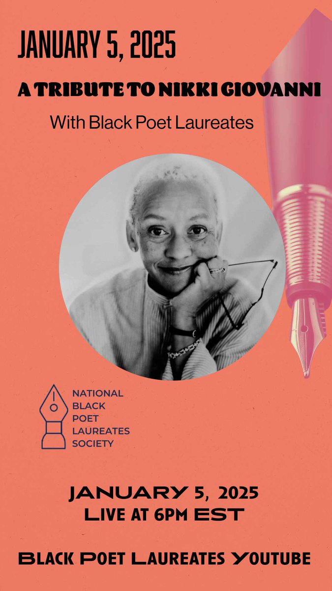 Join me and other #blackpoetlaureates as we honor @giovanni.nikki 
with readings of her works and other tributes

Sunday JANUARY 5
6PM EST
over on the #youtube 

#poemofday 
#blkHistoryMonth