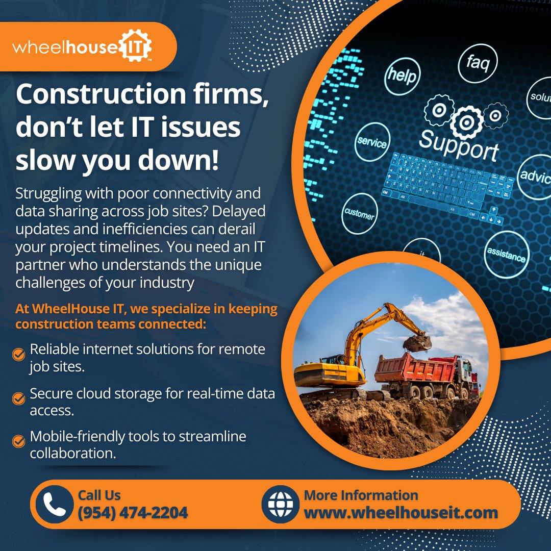 WheelHouseIT's tweet image. 💻 Reliable IT support is the foundation of success in construction! WheelHouse IT keeps your projects on track with secure, tailored tech solutions. Let’s build something great together! 🛠️📞 #ConstructionIT #ITSupport #TechForConstruction