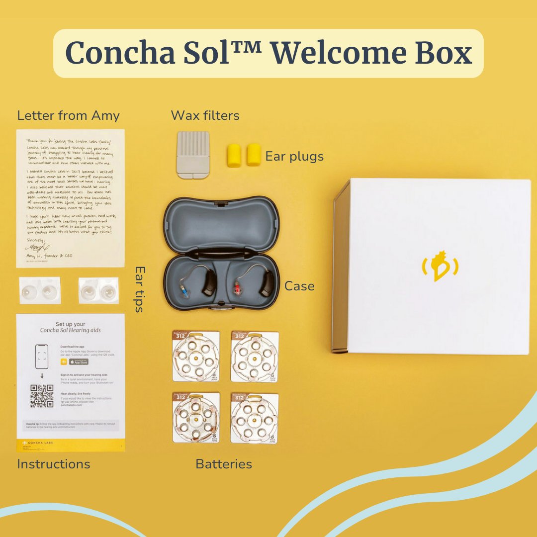 Check out what's inside the Concha Sol™ Welcome Box 🎁

We've included everything you need to get started on your path to clear hearing. 🦻

Ready to open your own Welcome Box? Order your own pair of Concha Sol™ Hearing Aids today and get one step closer to hearing clearly. 🙌