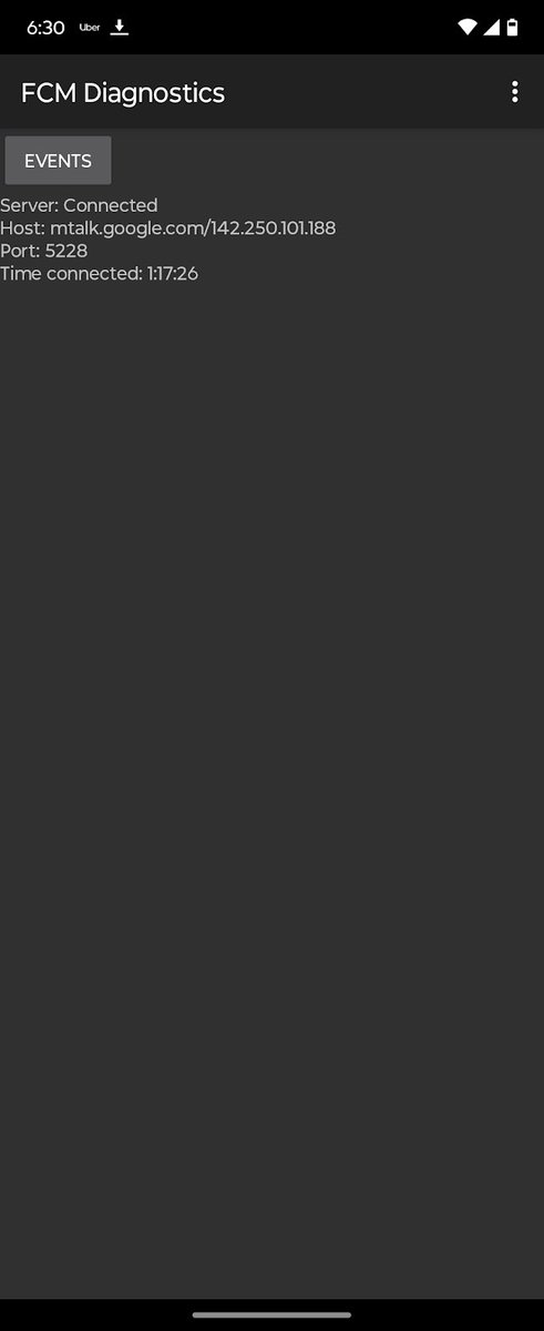 puf's tweet image. Did you know that you can troubleshoot FCM directly on any  Android phone?

From the Google Dialer, dial *#*#426#*#* to open the FCM Diagnostics page.

It has a page with connection status and a page with recent events.

🤯

Docs: firebase.google.com/support/troubl…