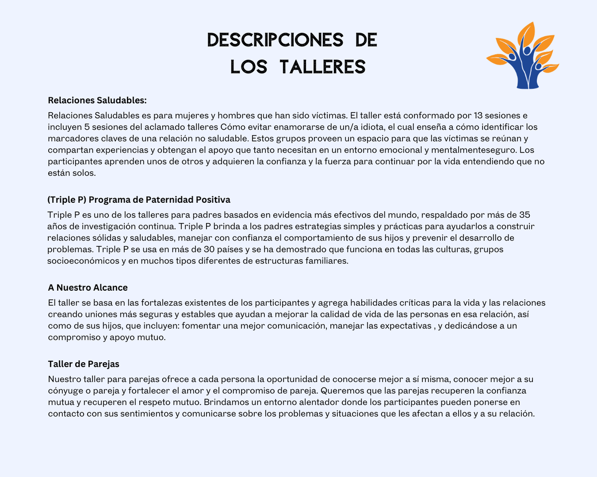 Estos son los próximos talleres que comienzan este mes. Llame al (678) 363-3079 para registrarse o para obtener más información.

#SerFamilia #SF #Talleres #Enero