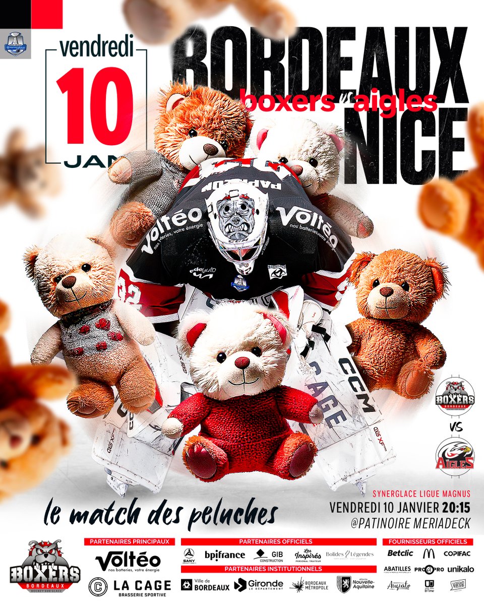 BoxersBordeaux's tweet photo. VICTOIRE ! 🥳

Nos Boyz s’imposent face aux Jokers de Cergy avec 5 buts dans la dernière période ! 💪🔥

📅 Rendez-vous 10 janvier à Mériadeck pour le match des peluches 🧸
Peu de places restantes, réservez vite !💥

🎟️ https://t.co/n4xOIImn7h

#letsgoboxers #sortonslescrocs https://t.co/qta6EUUHyg