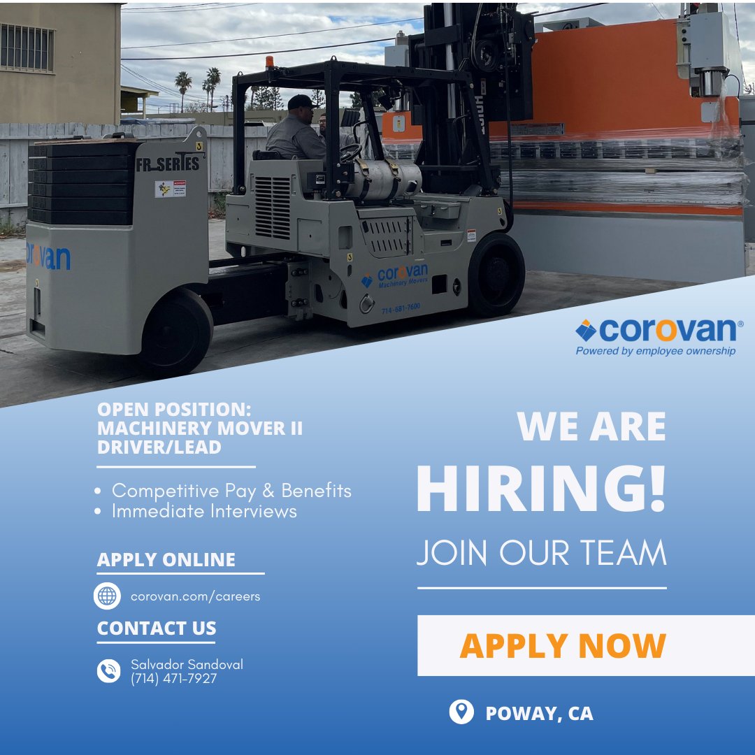 CorovanMoves's tweet image. Join Our Team! We’re hiring a Machinery Mover II Driver/Lead in Corona! Be part of a dynamic company that values your skills and offers career advancement. Apply today! Reach out to Salvador Sandoval at (714) 471-7927. #JoinCorovan #CommercialMovingJobs ow.ly/6GR150Uv50y