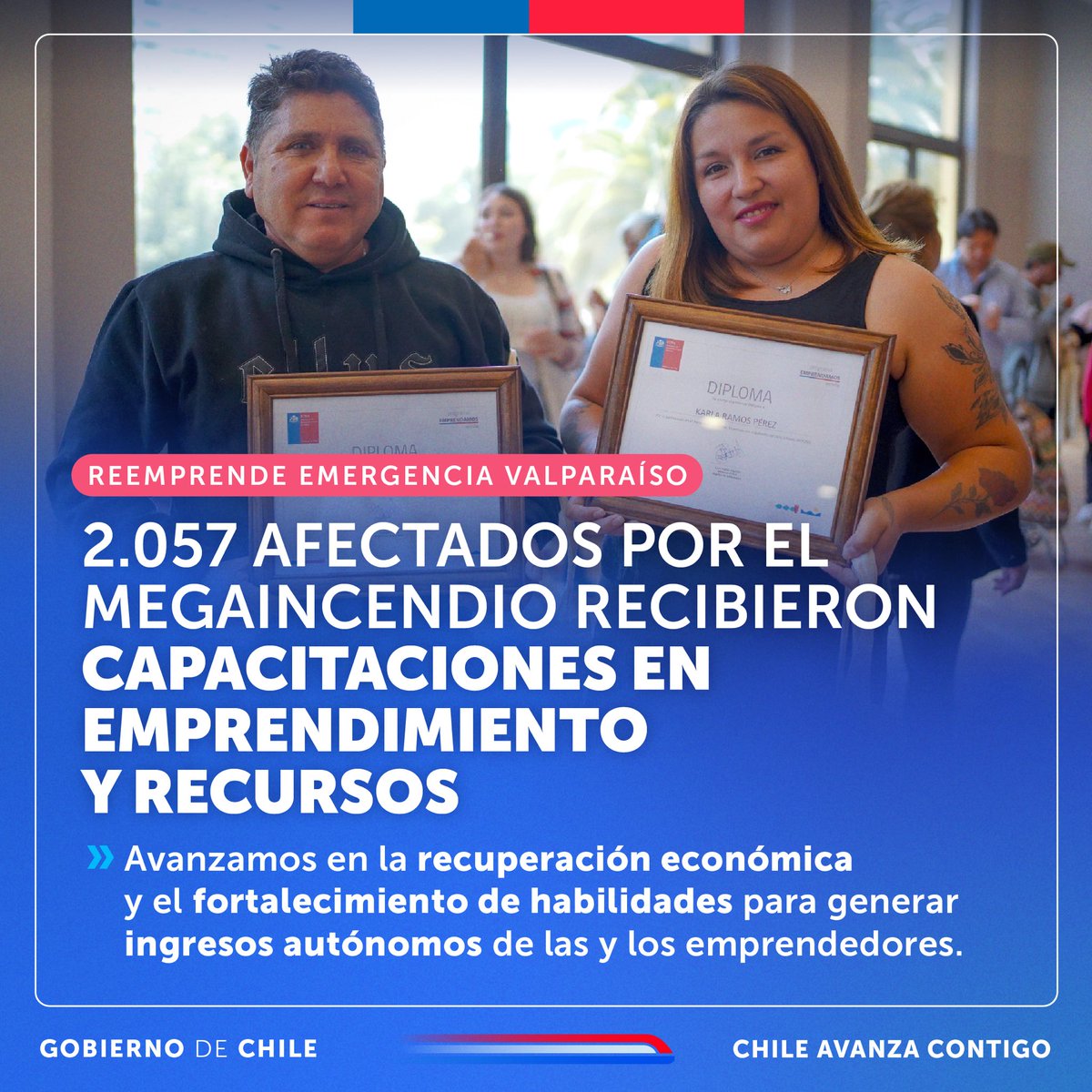 ¡Seguimos avanzando en el Plan de Reconstrucción! 

Más de 2.000 personas afectadas por el incendio de la Región de Valparaíso cerraron su proceso de capacitación con el programa Reemprende Emergencia de <a href="/FOSIS_Chile/">FOSIS</a>.