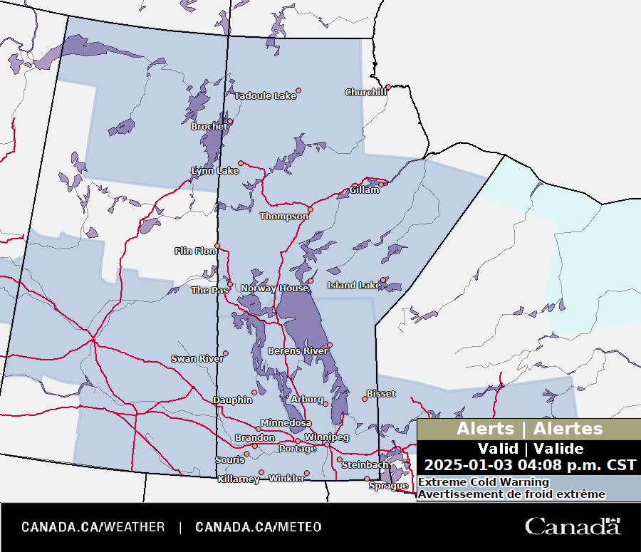 ECCCWeatherMB's tweet image. Frigid conditions have set into Manitoba for the weekend. Temps will dip towards the –30s tonight in the southwest and mid –30s in the north. With the wind, expect wind chills near or in the –40s. Some relief by Sunday, but a shift to milder weather later next week #mbstorm