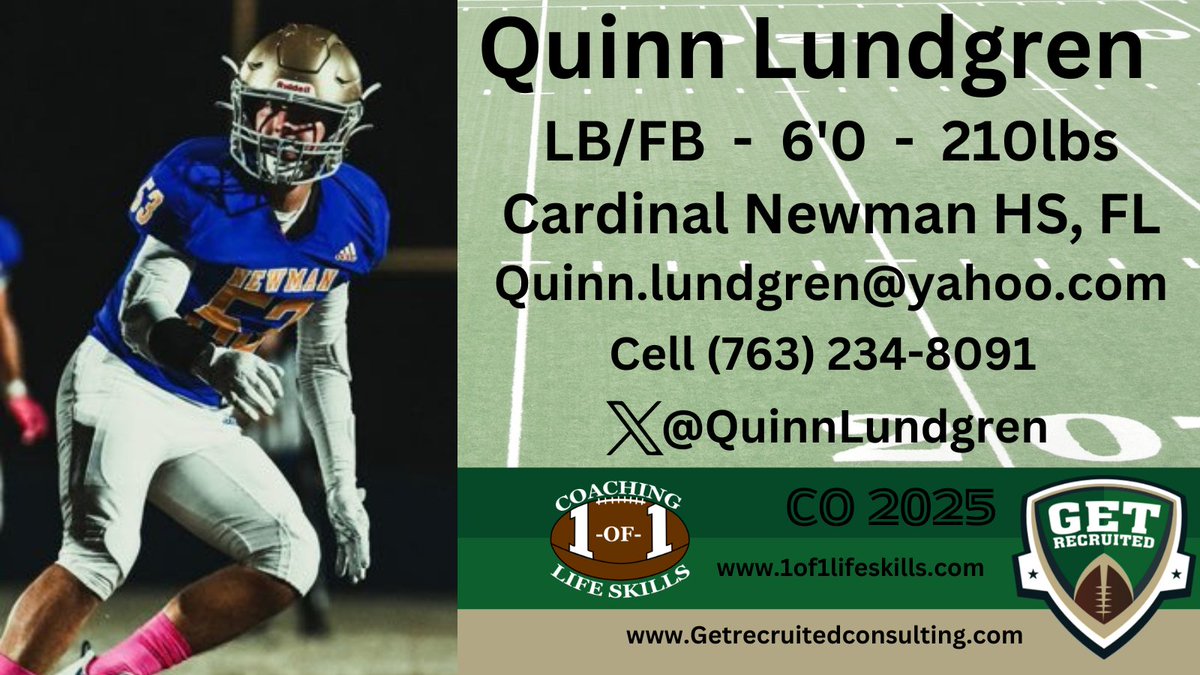 Get Recruited (@get__recruited) on Twitter photo Quinn Lundgren - CO 2025 - LB/FB - 6'0, 210lbs - 4.1 GPA - Athletic, physical, explosive, good blitzer. Cardinal Newman HS, FL. - Profile: app.productiverecruit.com/profile/quinn-… <a href="/QuinnLundgren/">Quinn Lundgren</a> <a href="/1of1lifeskills/">1-of-1 Consulting</a> <a href="/Wofford_FB/">Wofford Football</a> <a href="/LehighFootball/">Lehigh Football</a> <a href="/LafColFootball/">Lafayette Football</a> <a href="/Bucknell_FB/">Bucknell Football</a> <a href="/BigRed_Football/">Cornell Football</a> #college Quinn Lundgren - CO 2025 - LB/FB - 6'0, 210lbs - 4.1 GPA - Athletic, physical, explosive, good blitzer. Cardinal Newman HS, FL. - Profile: app.productiverecruit.com/profile/quinn-… <a href="/QuinnLundgren/">Quinn Lundgren</a> <a href="/1of1lifeskills/">1-of-1 Consulting</a> <a href="/Wofford_FB/">Wofford Football</a> <a href="/LehighFootball/">Lehigh Football</a> <a href="/LafColFootball/">Lafayette Football</a> <a href="/Bucknell_FB/">Bucknell Football</a> <a href="/BigRed_Football/">Cornell Football</a> #college