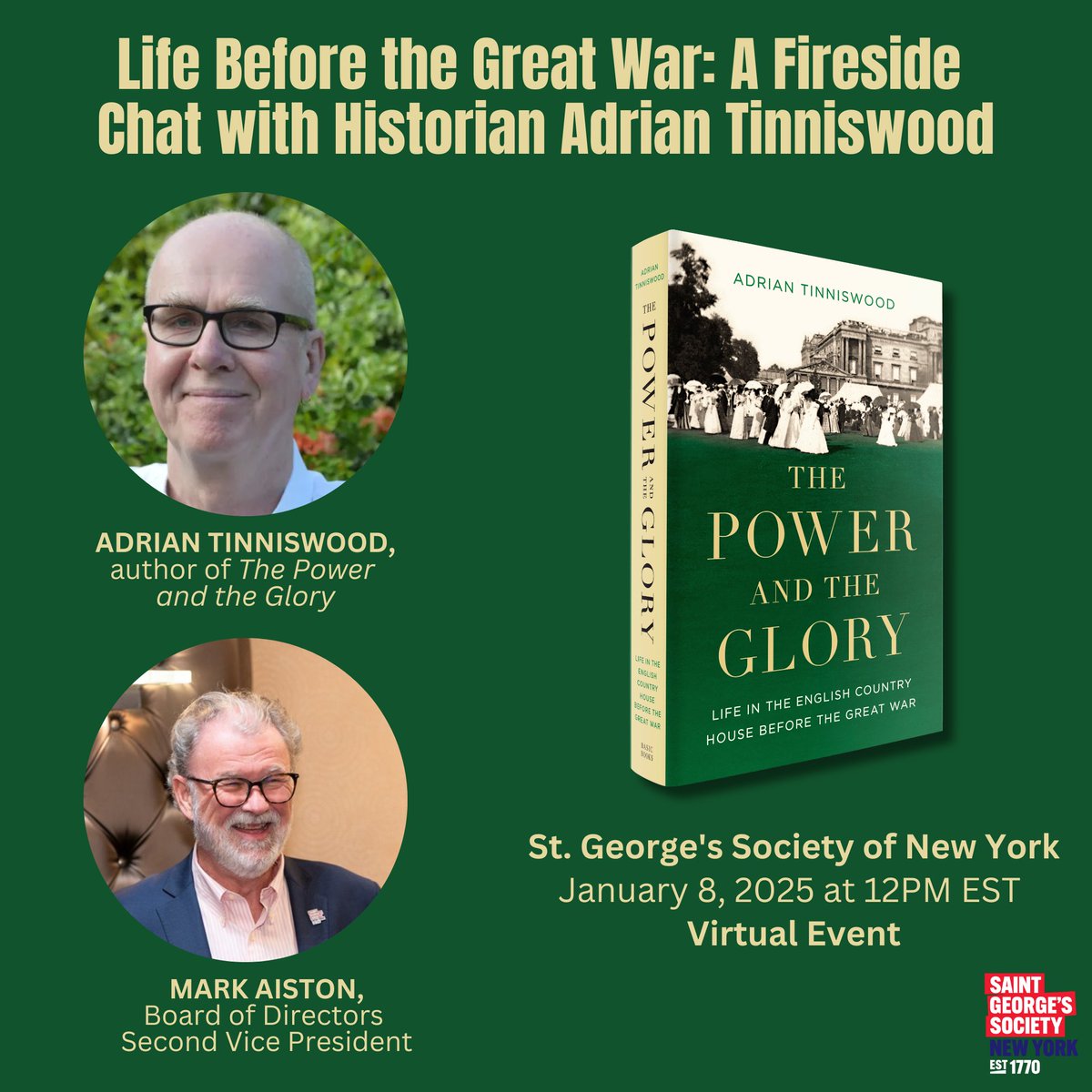 Cozy up on a brisk January afternoon for SGSNY's first event of 2025: Life Before the Great War: A Fireside Chat with Historian Adrian Tinniswood. 🔥 

RSVP is still open: bit.ly/4gnwuiK