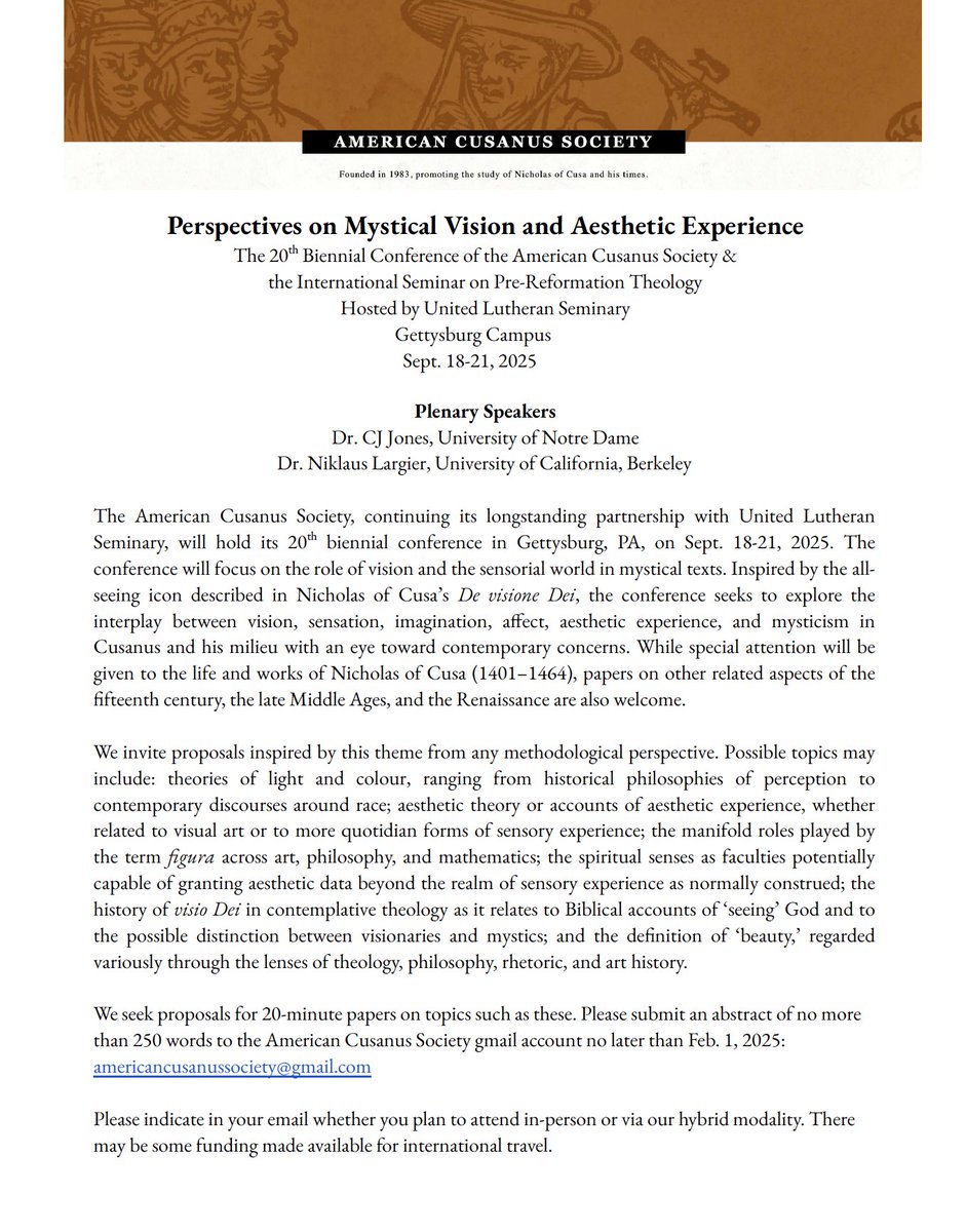 Join us in Gettysburg this September for our 20th Biennial Conference! The theme? "Perspectives on Mystical Vision &amp; Aesthetic Experience." The plenaries? CJ Jones &amp; Niklaus Largier. Don't forget to email your abstract to us before Feb. 1...