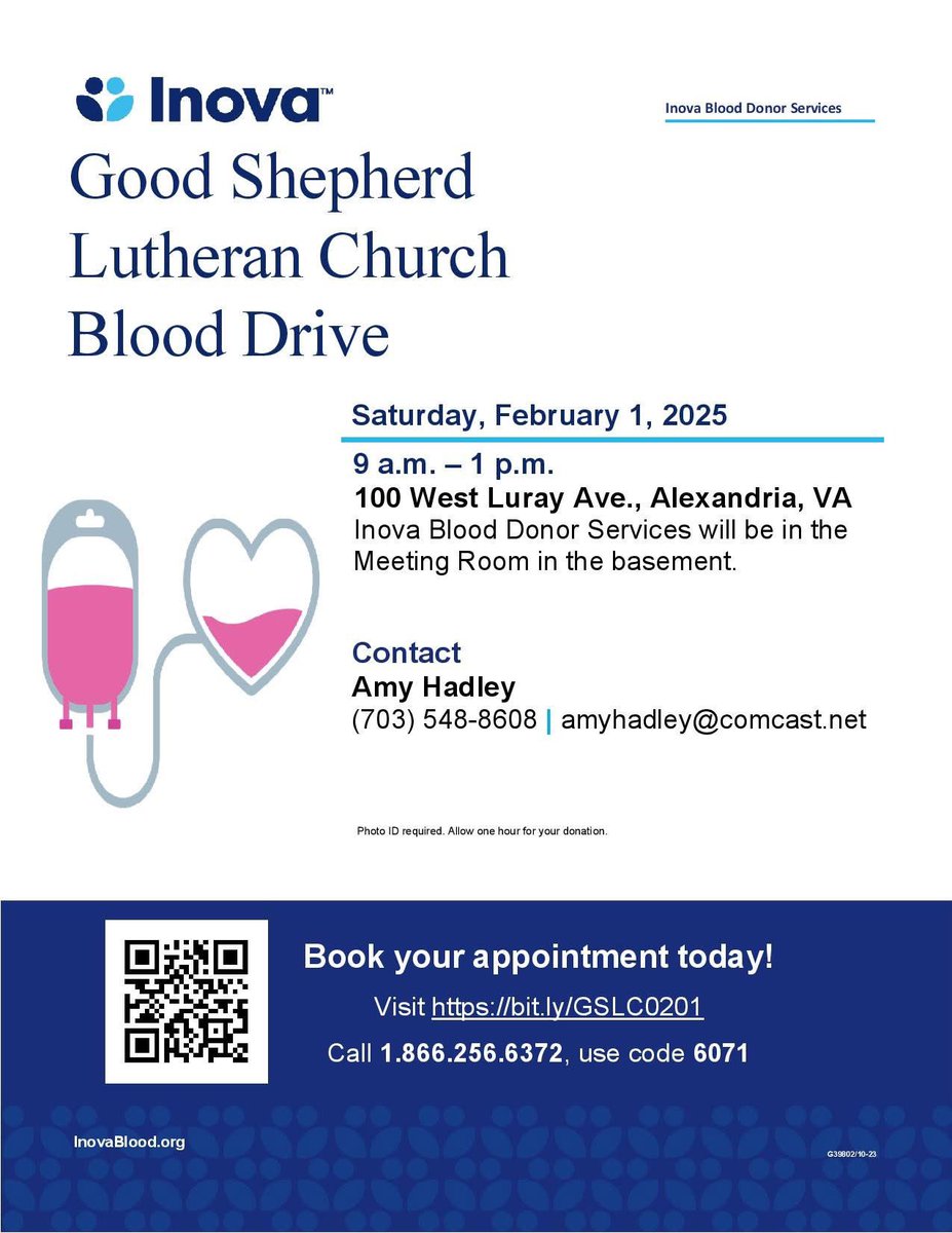Start the new year off right by making an appointment to donate blood!  Our next Inova Blood Drive is Saturday, February 1st from 9 am to 1 pm.  Visit bit.ly/GSLC0201 to make an appointment.