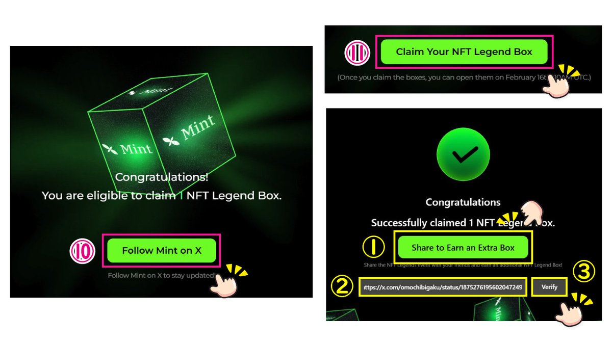🎁NFT Legend Box🎁
Mintブロックチェーンがエアドロを発表‼️対象者は2/15までにNFT Legend Boxをクレームする必要があるのでお忘れなく。

【クレーム手順】
①対象かどうか確認
②対象ならMintチェーンにETHをブリッジ
③NFT Legend Boxをクレーム

それぞれ解説していきます。