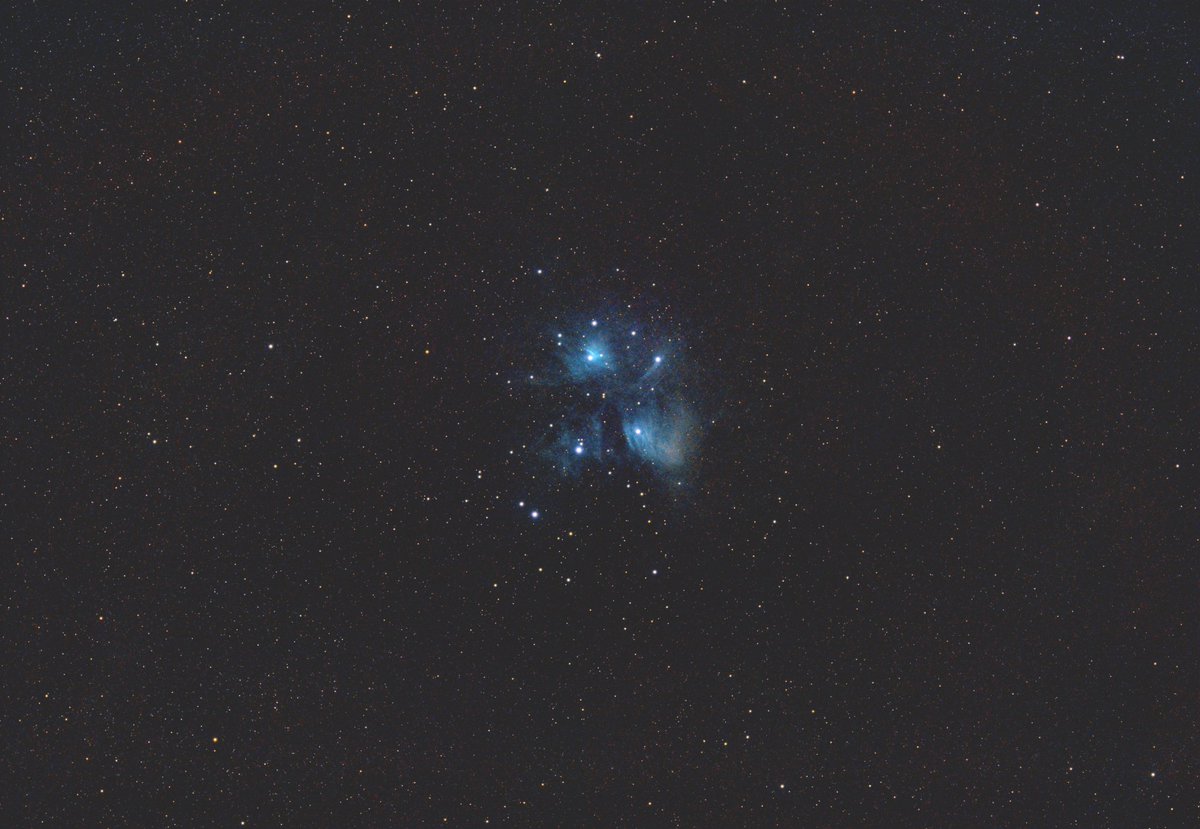 Wide angle DSLR image of Messier 45, The Pleiades star cluster taken this evening.