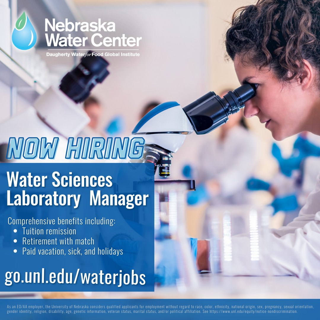 🌊🔬 The Nebraska Water Center has an opening for a Water Sciences Laboratory Research Manager!
If you're passionate about water research and have the skills to lead our team, apply now at go.unl.edu/waterjobs

#JobOpening #WaterResearch #ScienceJobs
