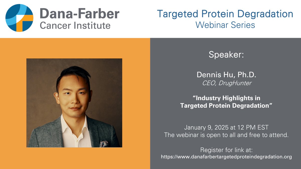 Shourya S Roy Burman (@ssroyburman) on Twitter photo For the first TPD webinar of 2025, we are thrilled to welcome <a href="/DennisWhom/">Dennis X. Hu</a> from @drughuntersite to share industry highlights in targeted protein degradation & induced proximity.
🗓️ Jan 9 | 🕛 12 PM EST
Open to all, register for free at: dfci.zoom.us/webinar/regist… For the first TPD webinar of 2025, we are thrilled to welcome <a href="/DennisWhom/">Dennis X. Hu</a> from @drughuntersite to share industry highlights in targeted protein degradation & induced proximity.
🗓️ Jan 9 | 🕛 12 PM EST
Open to all, register for free at: dfci.zoom.us/webinar/regist…