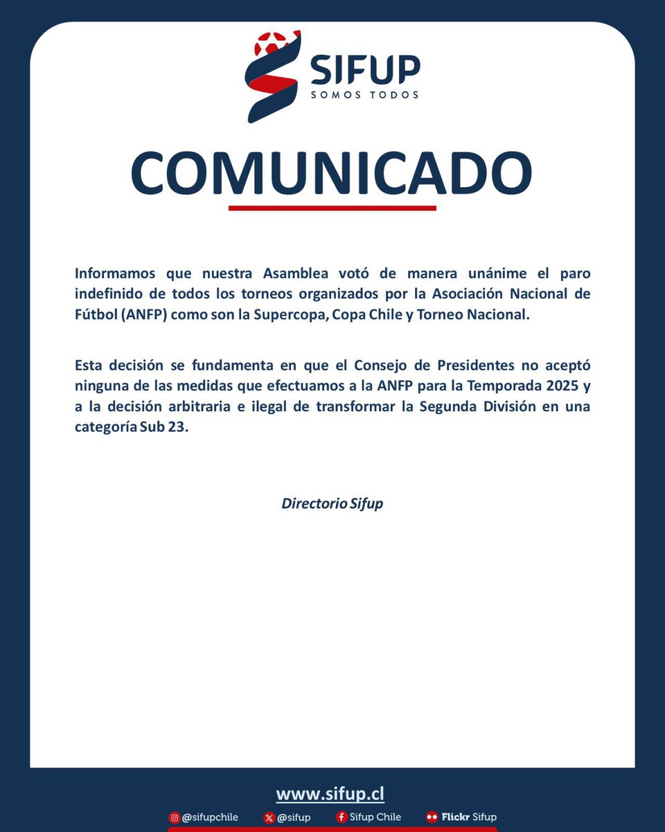 ciudadanovidela's tweet image. El @sifup ha votado unánimemente por un paro indefinido del fútbol chileno. Esta situación evidencia una vez más el estado crítico en el que nos encontramos. Es absolutamente inaceptable que la Segunda División Profesional se minimice a la categoría sub 23, limitando la…