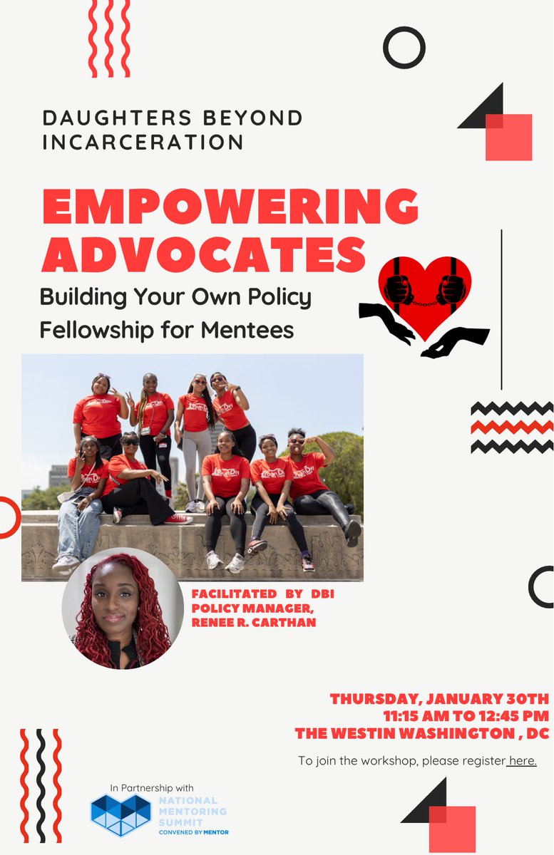 If you’re attending the National Mentoring Summit in Washington, DC later this month, Daughters Beyond Incarceration would love to have you join our mentees and myself in a special workshop about empowering mentees! 

For more information, visit mentoring.org/national-mento…