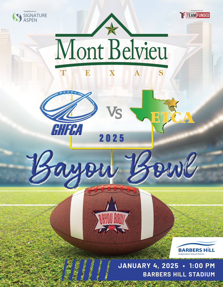 FREE ADMISSION!! Come out to #BarbersHill Stadium Jan 4 at 1:00pm and watch some of the best #football players from #bEasttx <a href="/ETCAcoaches/">East Texas Coaches Association</a> take on the best from #H-town <a href="/ghfcahouston/">GHFCA Houston</a> <a href="/CoachDrewTate/">DrewTate</a>