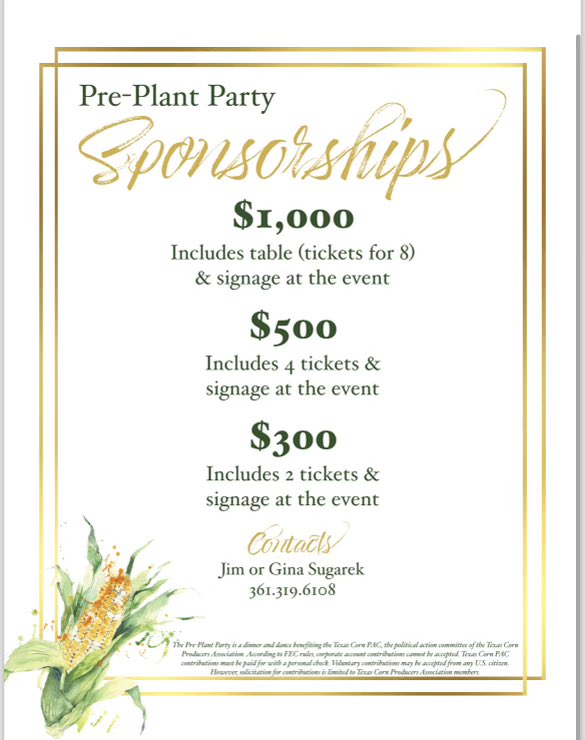 Jim Sugarek (@jimsugarek) on Twitter photo Join us to celebrate and support our South Texas ag community at our upcoming Pre-Pant Party on Friday, January 31st. Ag groups like <a href="/TexasCorn/">Texas Corn Producers</a> carry each of our voices to lawmakers when we are busy in the fields. Come out and help us make this a great event. Join us to celebrate and support our South Texas ag community at our upcoming Pre-Pant Party on Friday, January 31st. Ag groups like <a href="/TexasCorn/">Texas Corn Producers</a> carry each of our voices to lawmakers when we are busy in the fields. Come out and help us make this a great event.