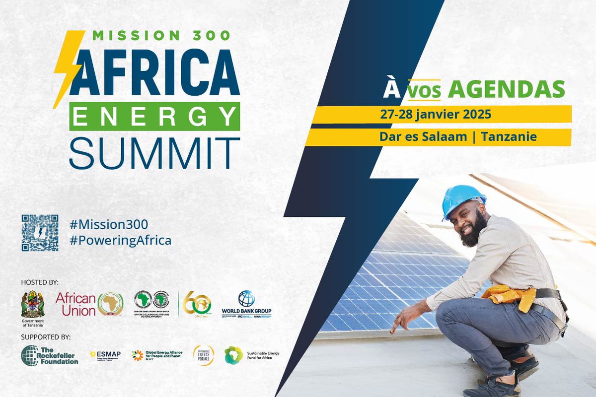 The <a href="/AfDB_Group/">African Development Bank Group</a>, the <a href="/WorldBank/">WorldBank</a> Group, the <a href="/_AfricanUnion/">African Union</a>, and the Government of the United Republic of Tanzania, to host a landmark Energy Summit for African Heads of State and Government in Dar es Salaam, #Tanzania: bit.ly/4jdZaMK

#Mission300 #PoweringAfrica