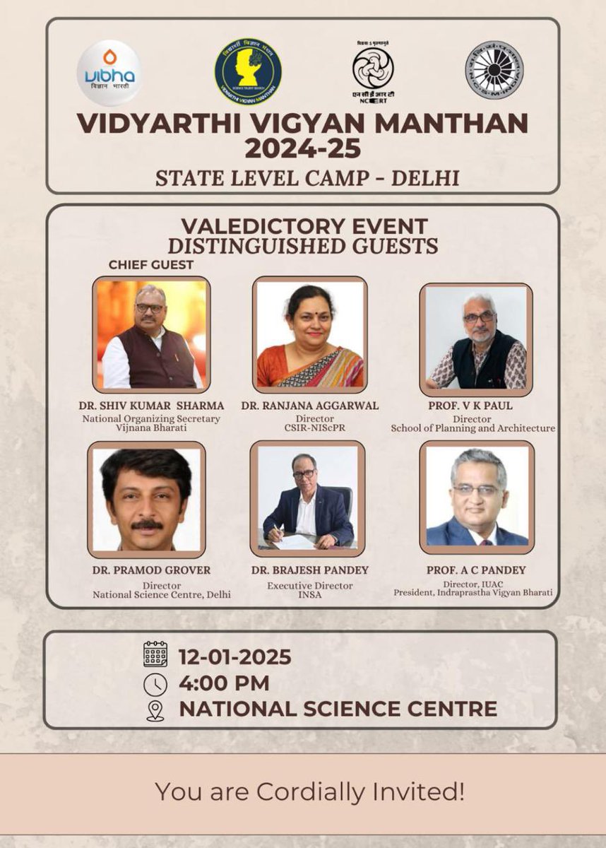 DelhiVigBharati's tweet image. Delighted to share that Vidyarthi Vigyan Manthan Delhi is organizing a state level camp for winners from Delhi schools class 6-11, at National Science Centre Delhi on 12th Jan 2025. You all are cordially invited to join it&apos;s successful commencement.
Regards 
VVM
@DelhiVigBharati